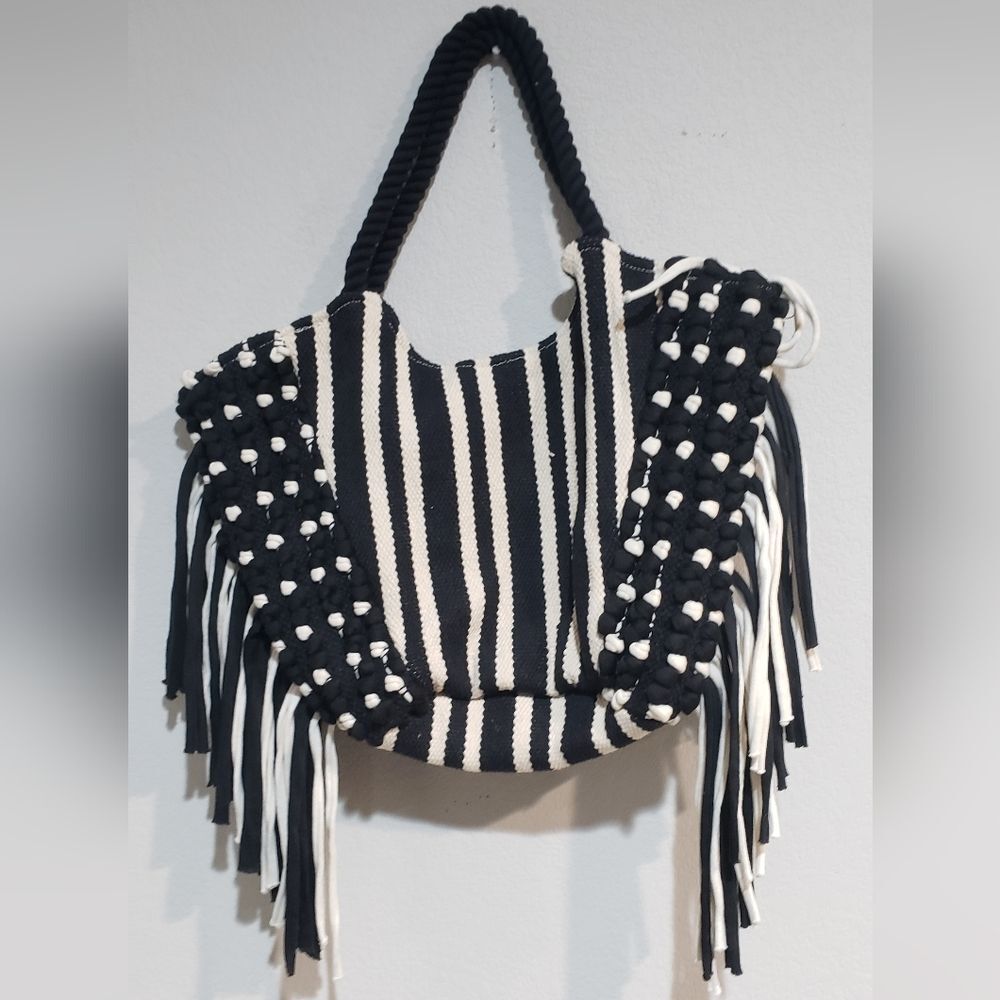 No Boundaries Black & White Cotton Woven Tote w/ Fringe Accent & Rope Straps